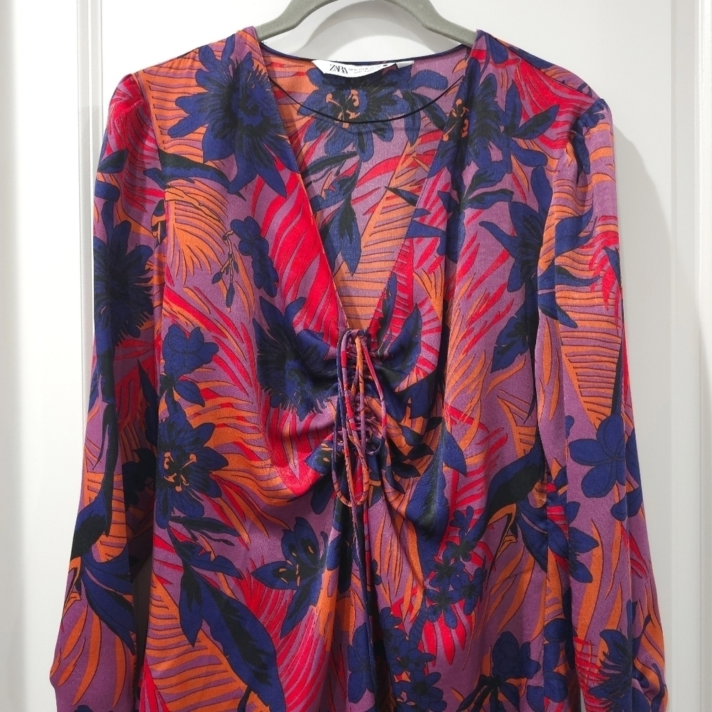 ZARA Vibrant Floral Long Sleeve Mini Dress, Ruched Sleeves, Tie Vneck Front, M - Picture 3 of 15